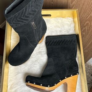 UGG Black Suede Mules with Wooden Heel